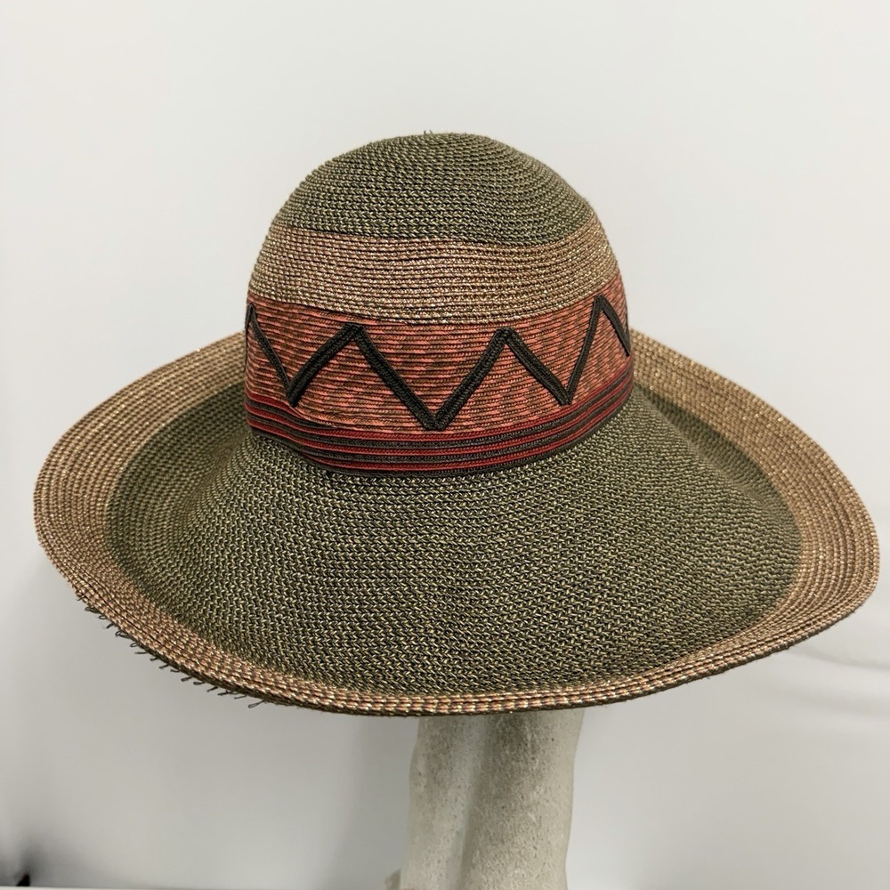 Vintage Eric Javits Straw Hat Southwestern Design Style Wide Brim - Picture 3 of 8
